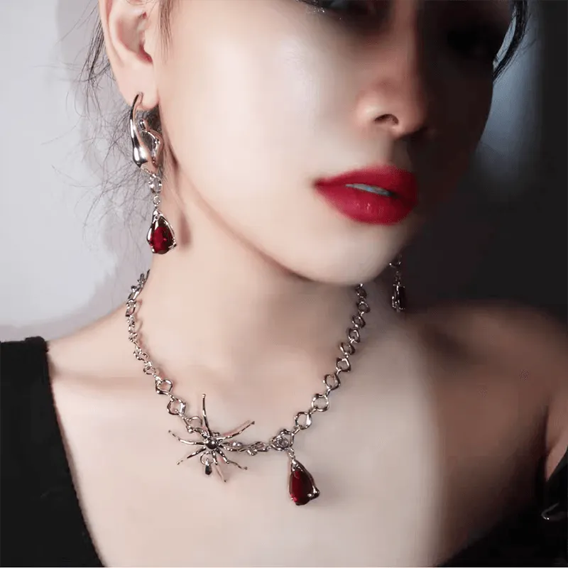 Spider Shaped Blood Drop Pendant Necklace and Earrings