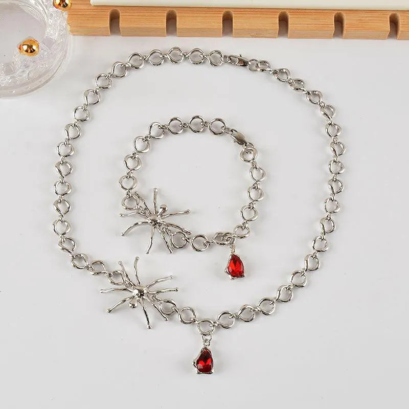 Spider Shaped Blood Drop Pendant Necklace and Earrings