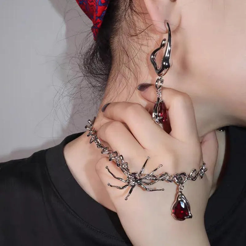 Spider Shaped Blood Drop Pendant Necklace and Earrings