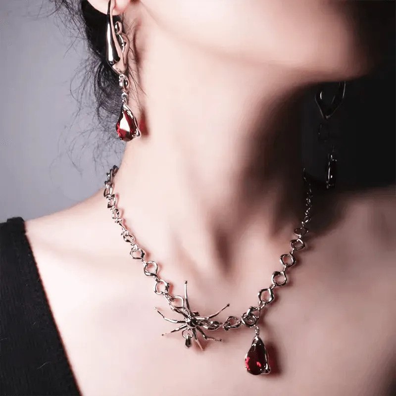 Spider Shaped Blood Drop Pendant Necklace and Earrings