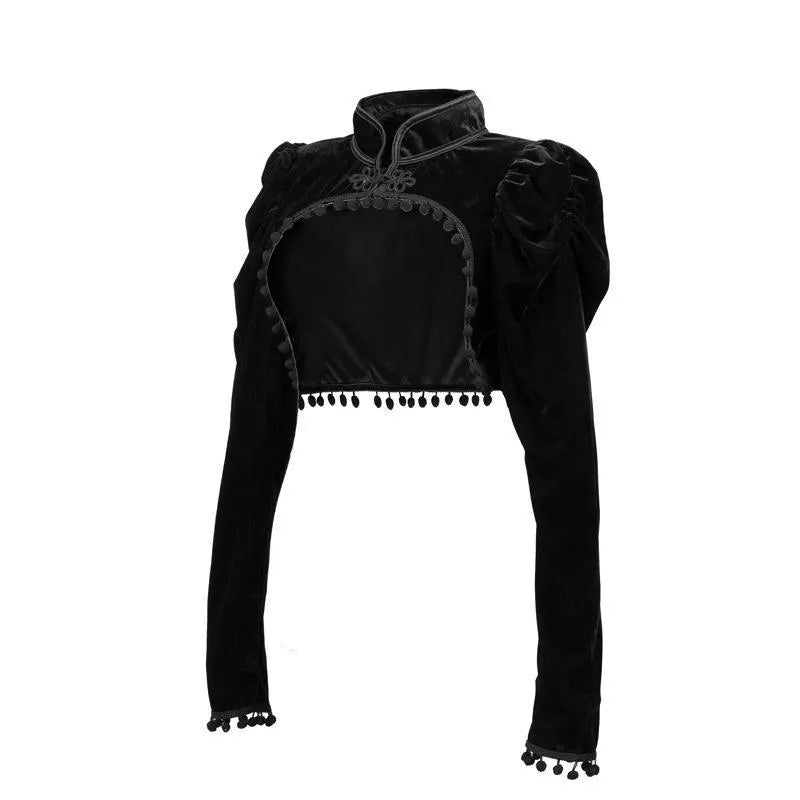 Black Velvet Stand-Up Collar Long Sleeve Top