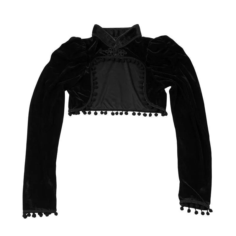 Black Velvet Stand-Up Collar Long Sleeve Top