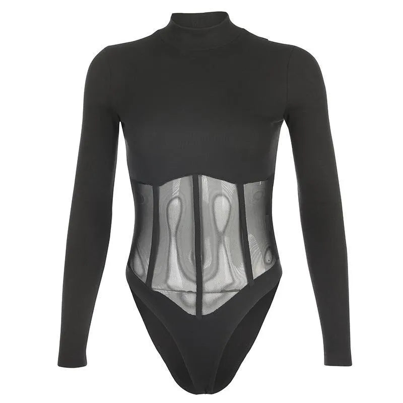 Mesh High Collar Long Sleeve Bodysuit