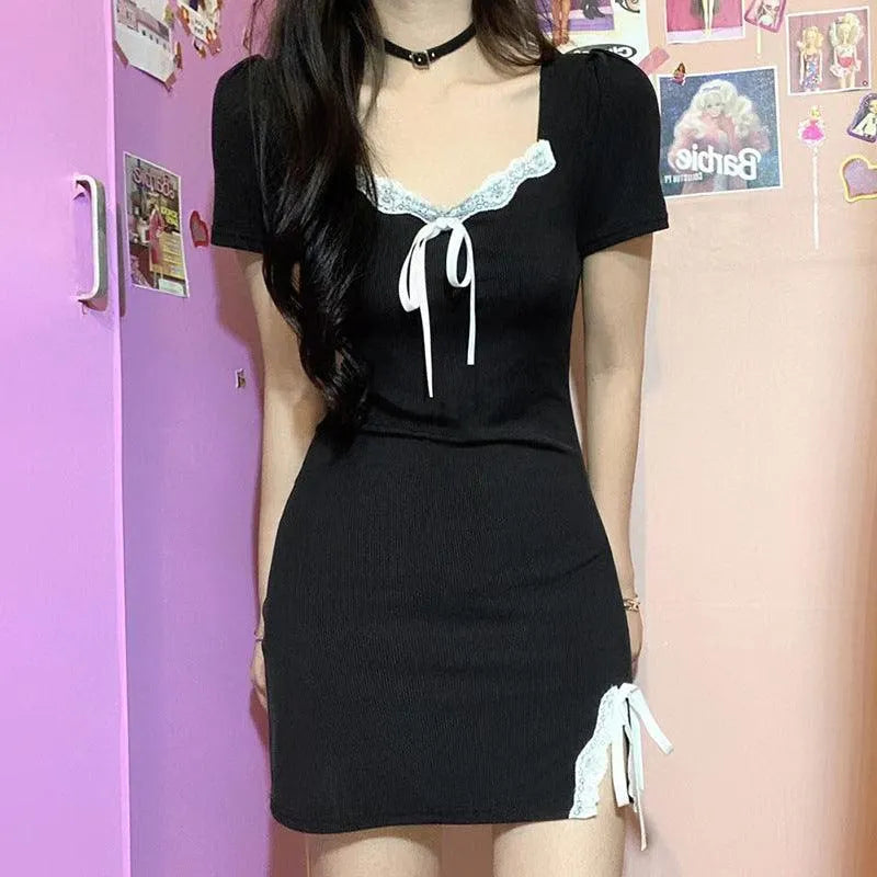 Bow Tie Square Neck Slit Dress