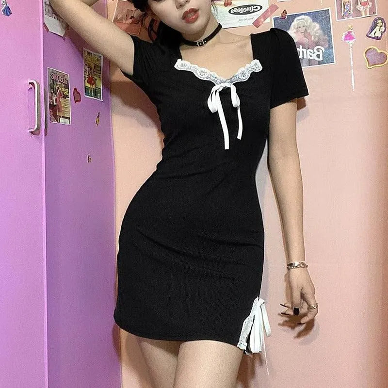 Bow Tie Square Neck Slit Dress