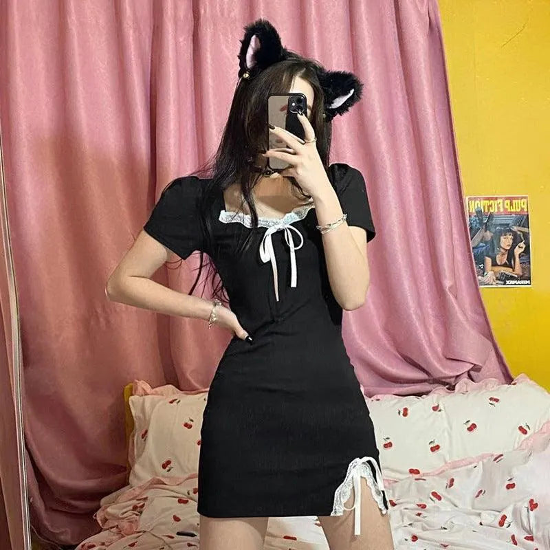 Bow Tie Square Neck Slit Dress