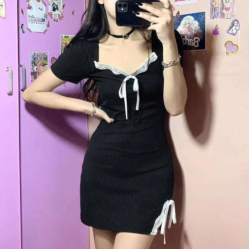 Bow Tie Square Neck Slit Dress