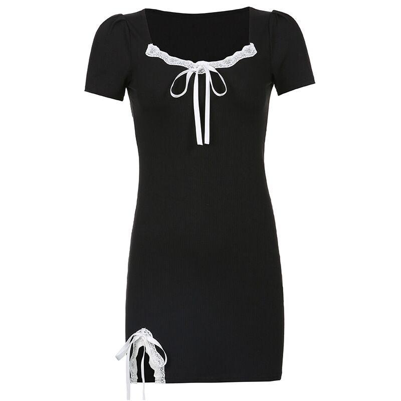 Bow Tie Square Neck Slit Dress