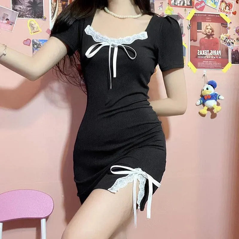 Bow Tie Square Neck Slit Dress