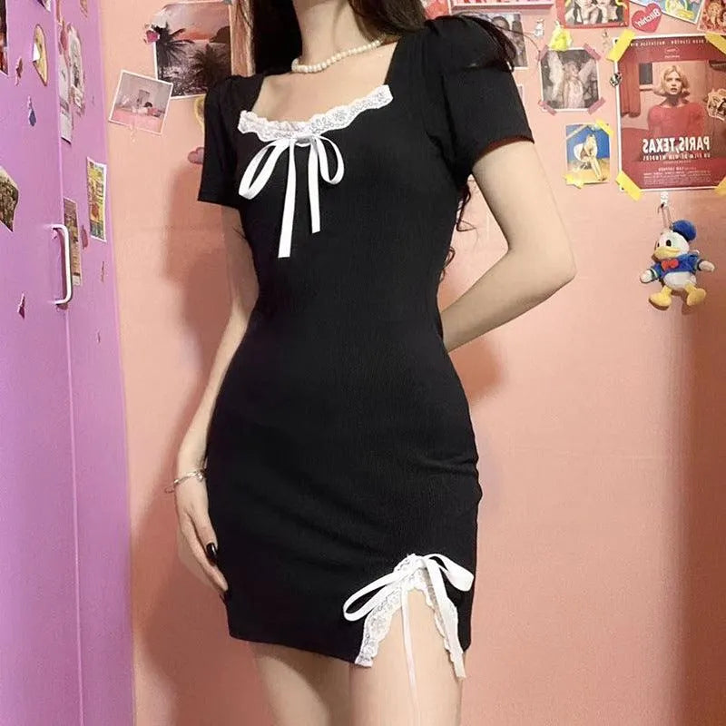 Bow Tie Square Neck Slit Dress