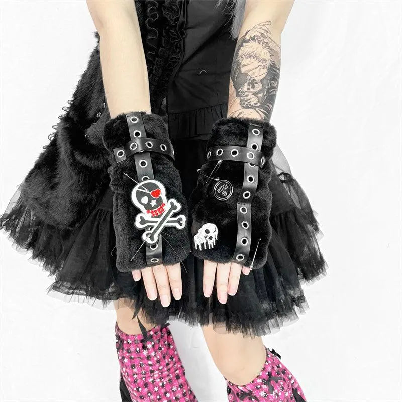 Punk Skull Plush Gloves