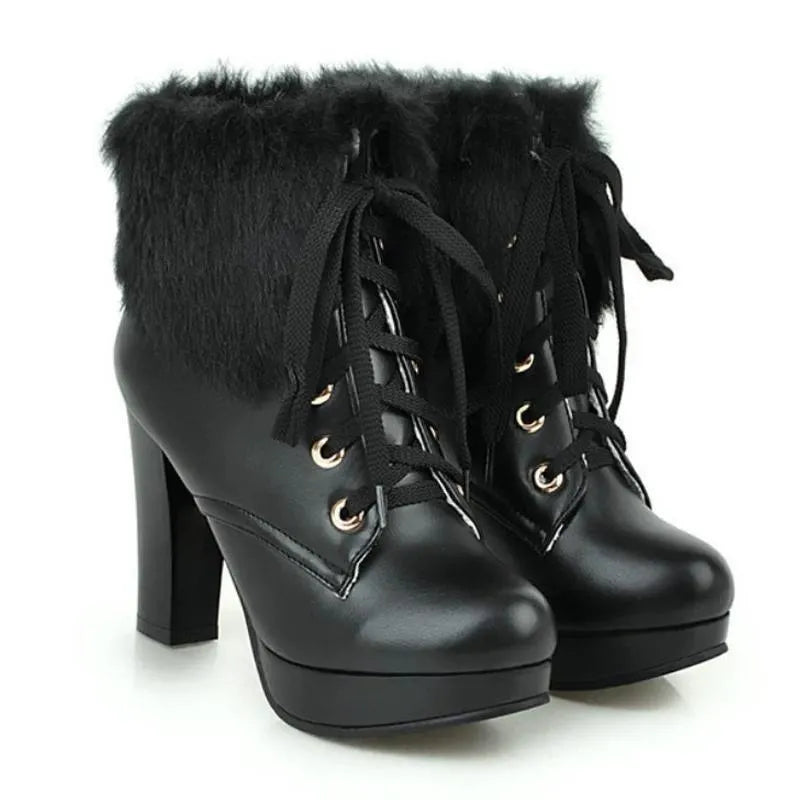 Fluffy Lace-up High Heel Boots