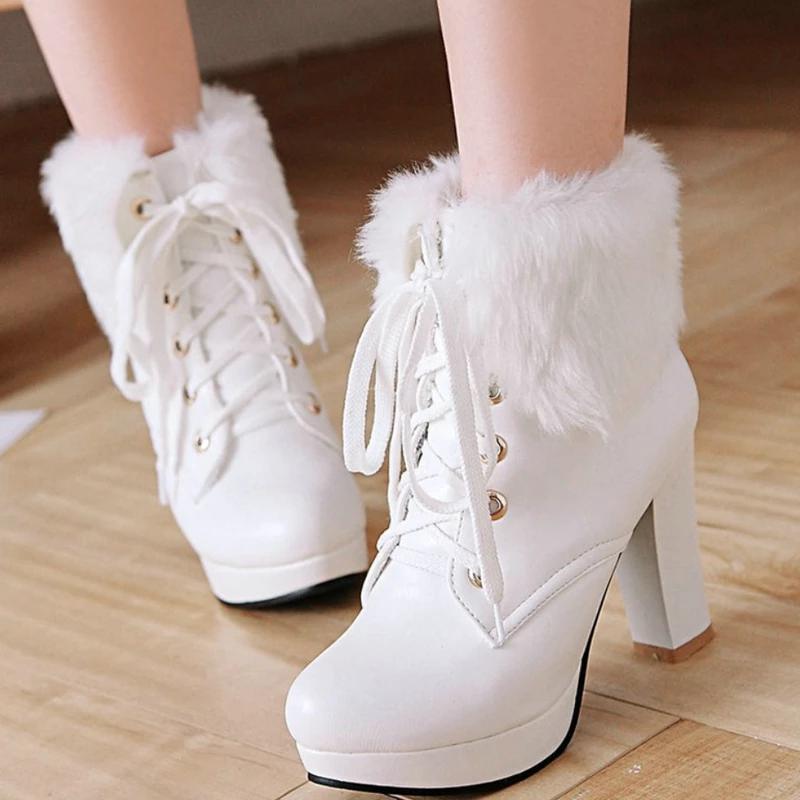 Fluffy Lace-up High Heel Boots