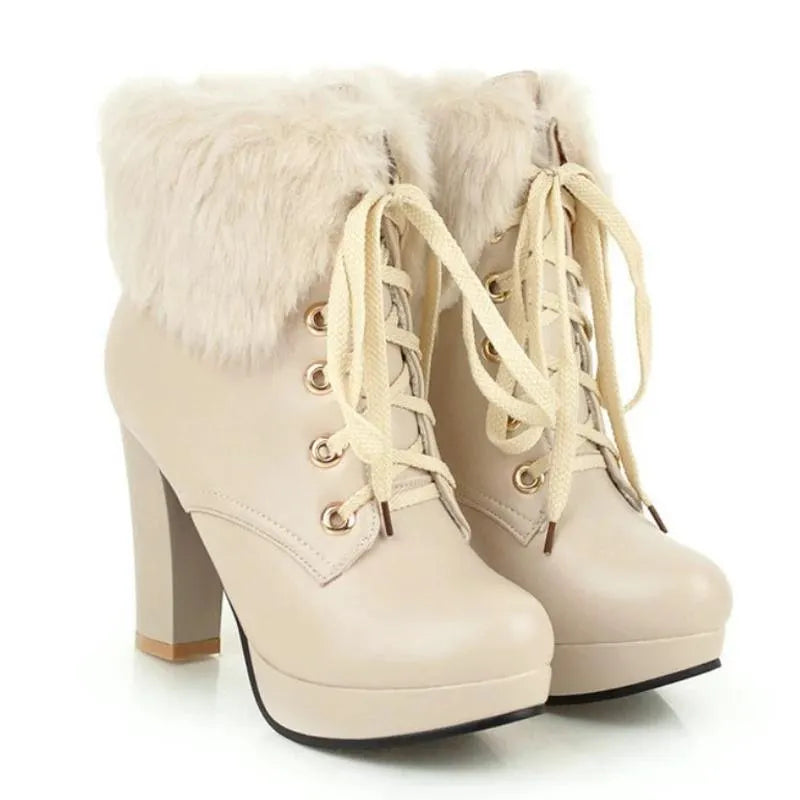 Fluffy Lace-up High Heel Boots