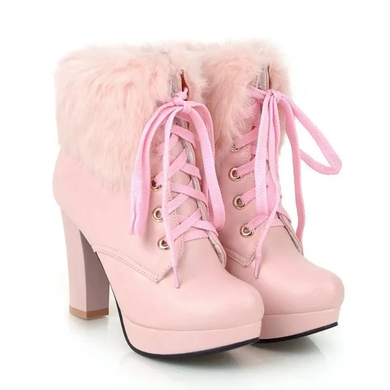 Fluffy Lace-up High Heel Boots