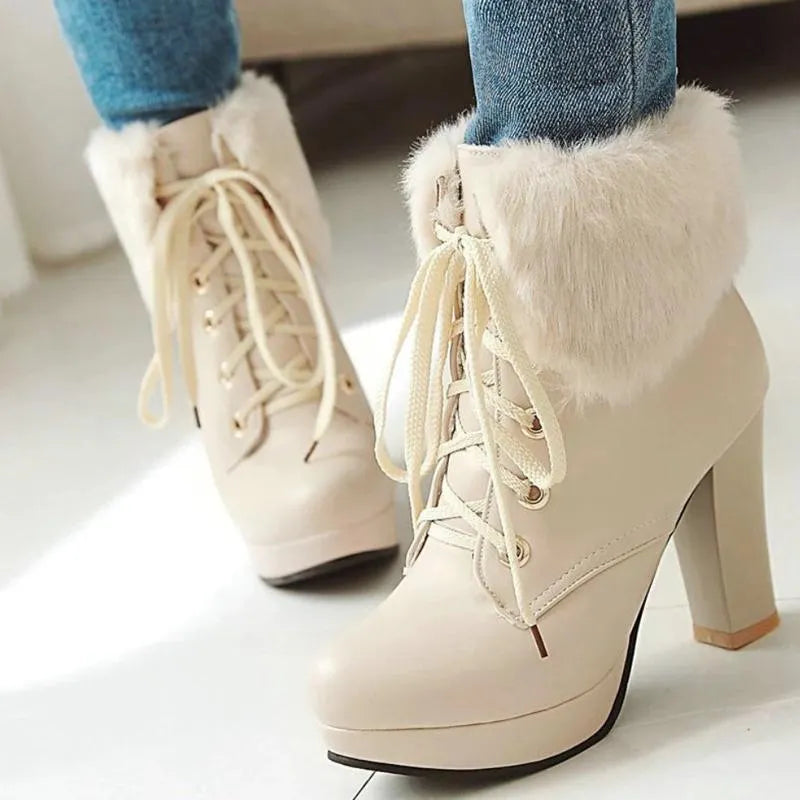 Fluffy Lace-up High Heel Boots