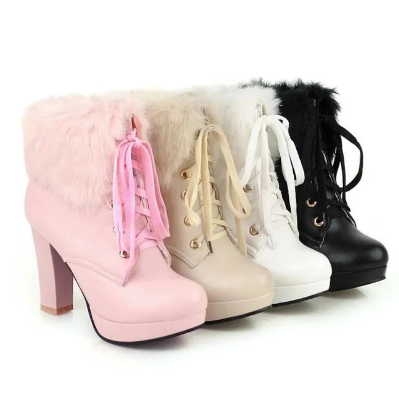 Fluffy Lace-up High Heel Boots