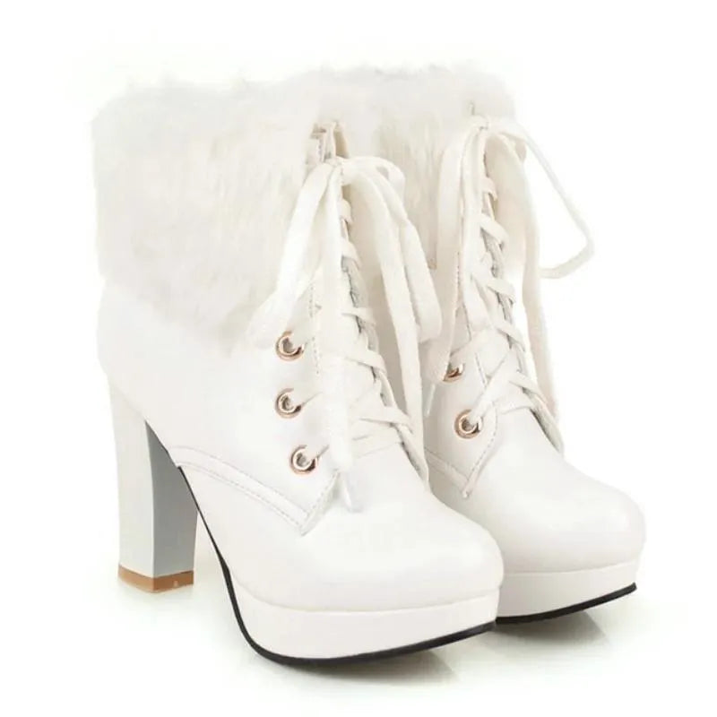 Fluffy Lace-up High Heel Boots