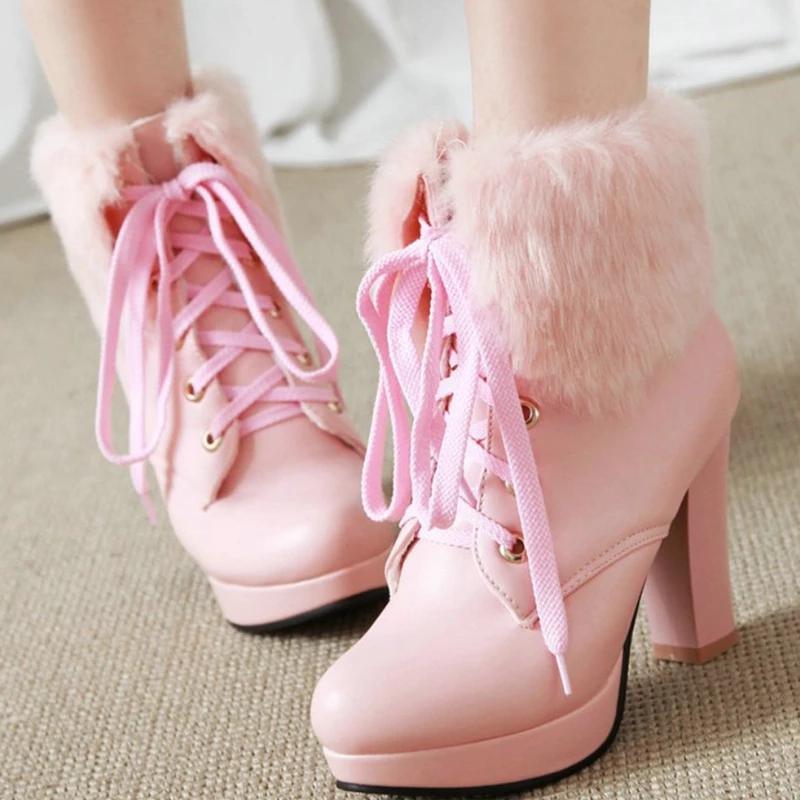 Fluffy Lace-up High Heel Boots