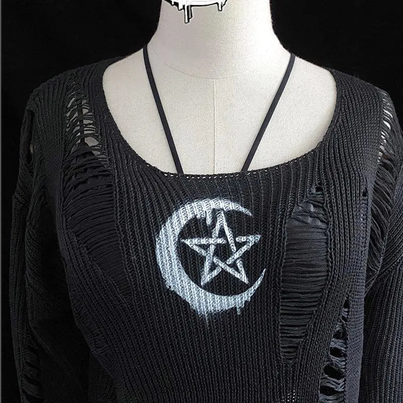Rock Long Sleeve Round Neck Hollow Out Sweater