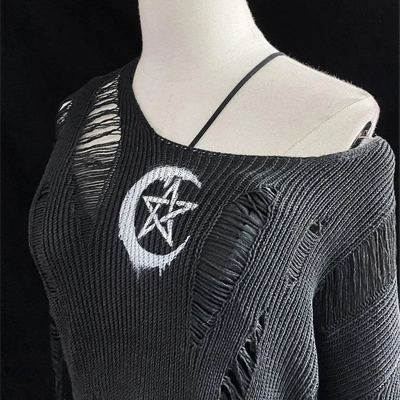 Rock Long Sleeve Round Neck Hollow Out Sweater