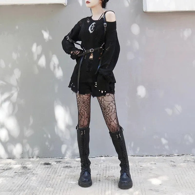 Rock Long Sleeve Round Neck Hollow Out Sweater