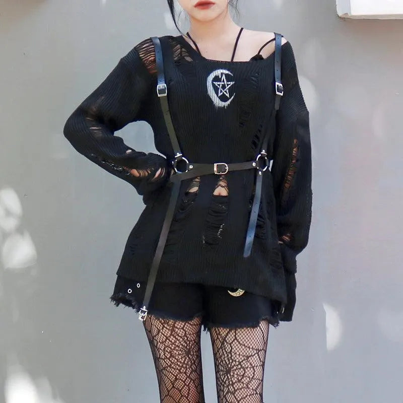 Rock Long Sleeve Round Neck Hollow Out Sweater