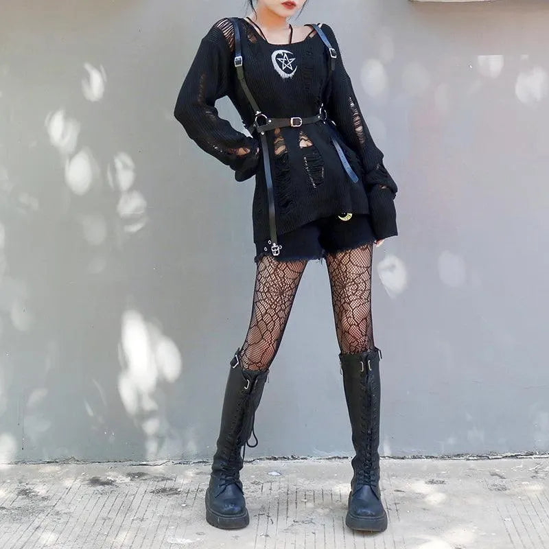 Rock Long Sleeve Round Neck Hollow Out Sweater