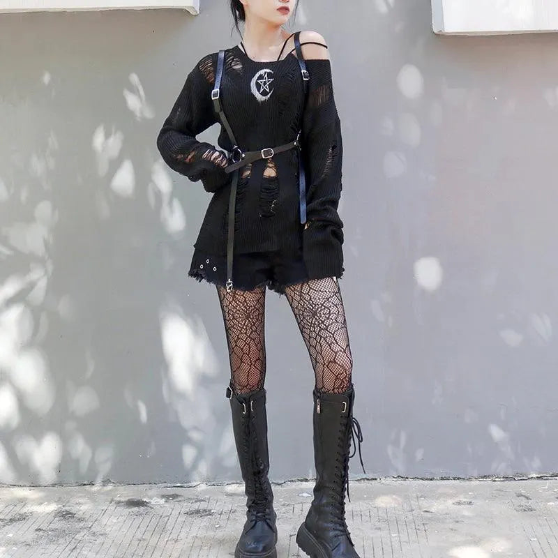 Rock Long Sleeve Round Neck Hollow Out Sweater