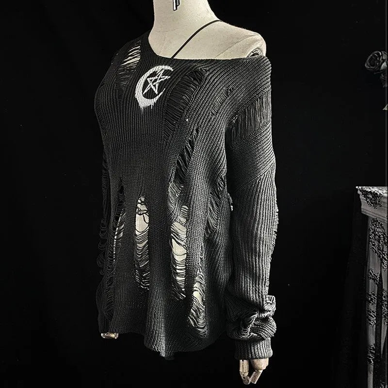 Rock Long Sleeve Round Neck Hollow Out Sweater