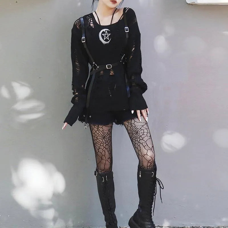Rock Long Sleeve Round Neck Hollow Out Sweater