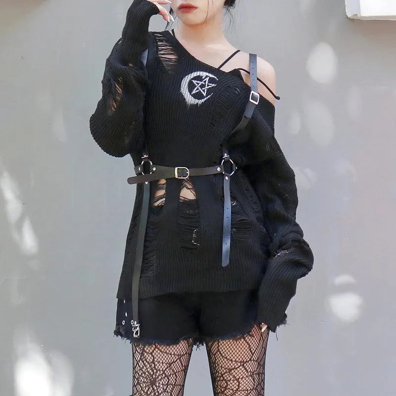 Rock Long Sleeve Round Neck Hollow Out Sweater
