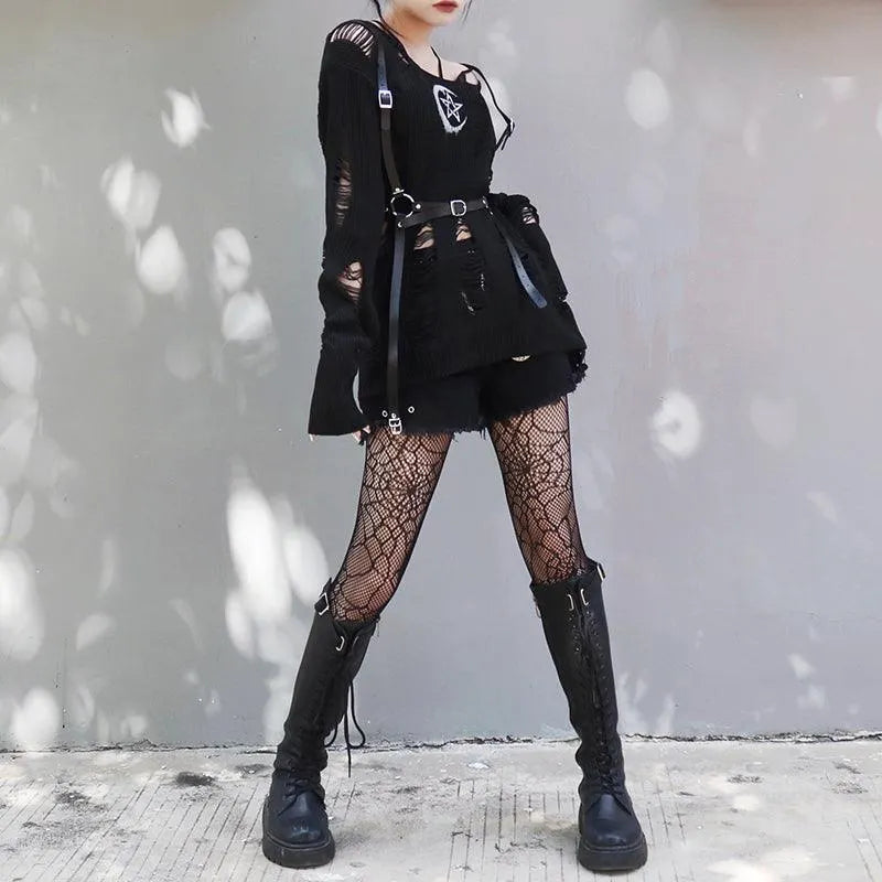 Rock Long Sleeve Round Neck Hollow Out Sweater