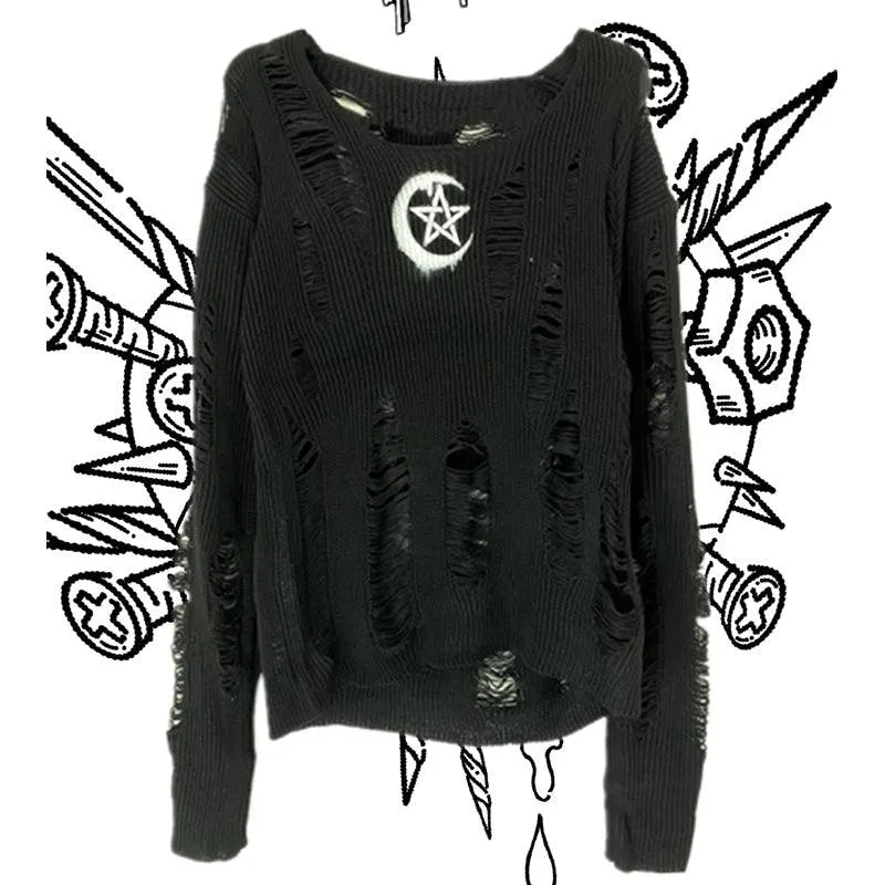 Rock Long Sleeve Round Neck Hollow Out Sweater