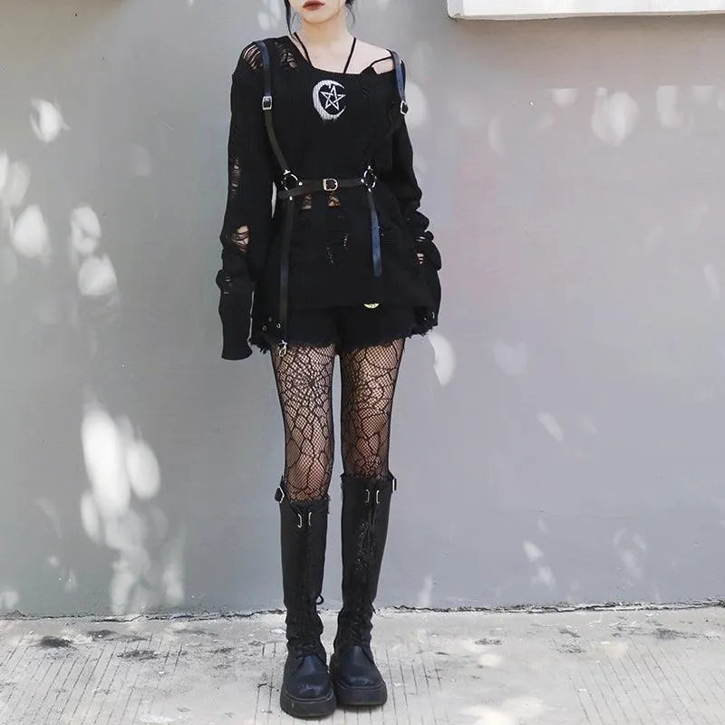 Rock Long Sleeve Round Neck Hollow Out Sweater