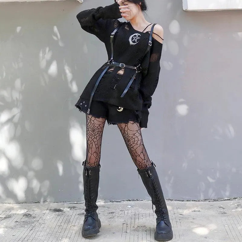 Rock Long Sleeve Round Neck Hollow Out Sweater