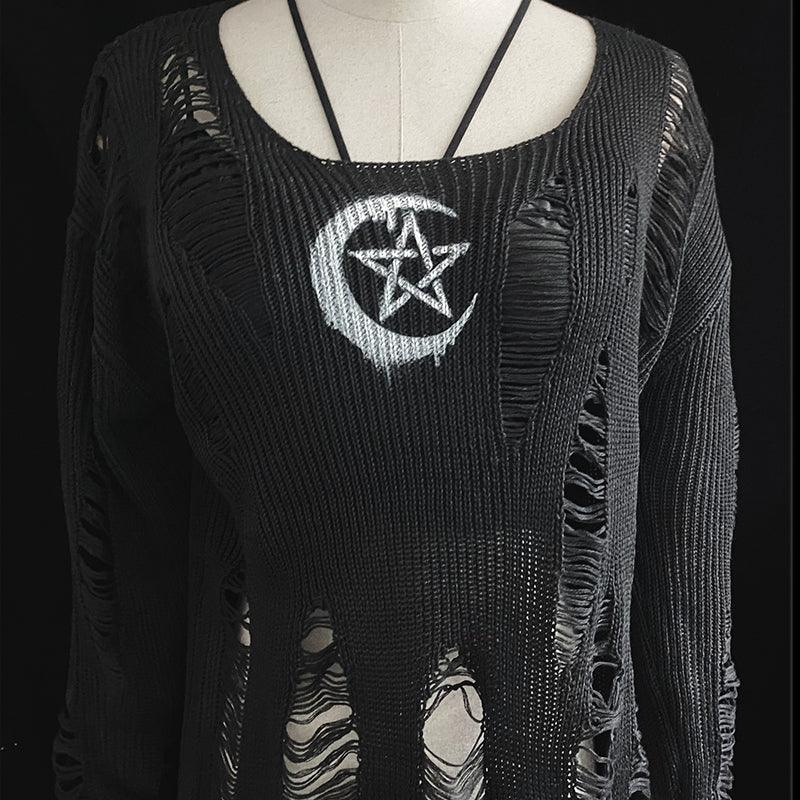 Rock Long Sleeve Round Neck Hollow Out Sweater