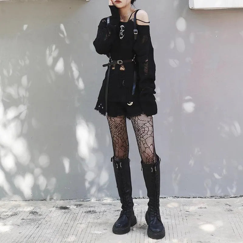 Rock Long Sleeve Round Neck Hollow Out Sweater