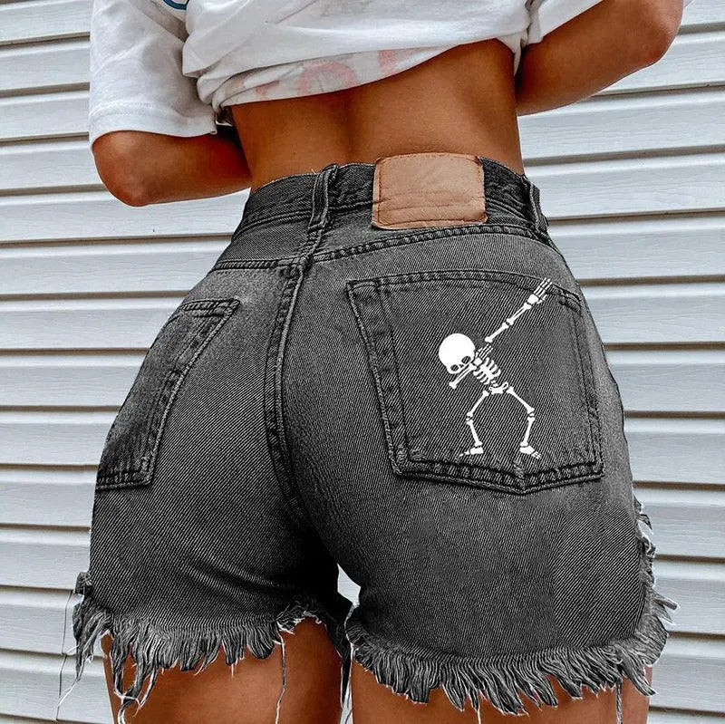 Skull Print Frayed Shorts