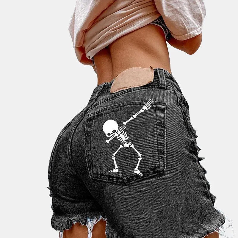 Skull Print Frayed Shorts