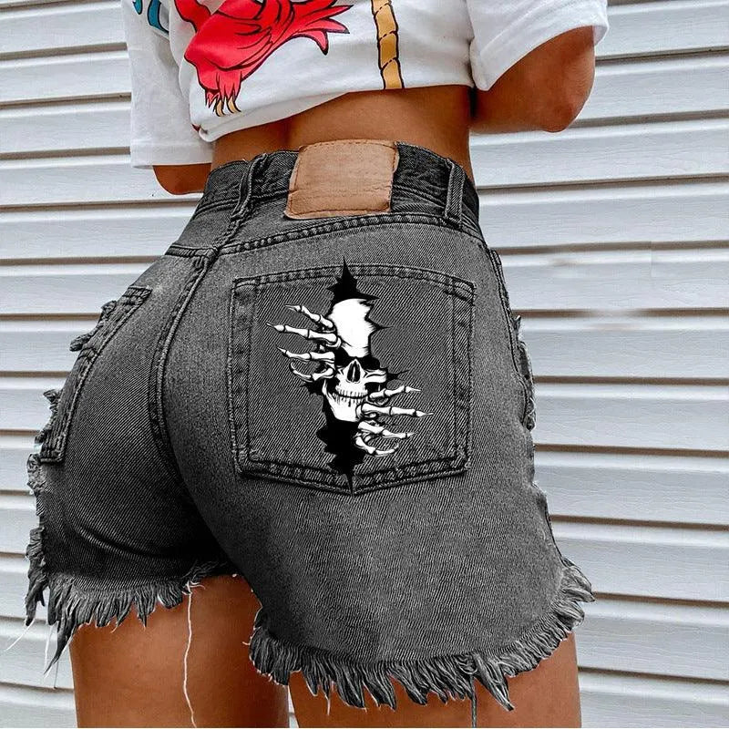 Skull Print Frayed Shorts