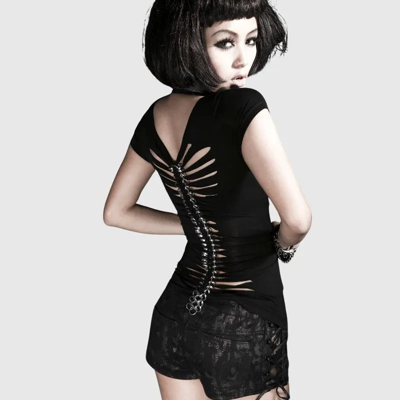 Rock Metal Skeleton Hollow Back T-Shirt