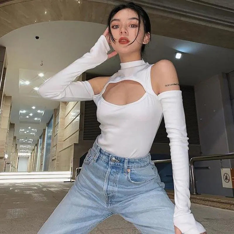 Gothic Punk Shoulder Hollow Out Bodysuit Top