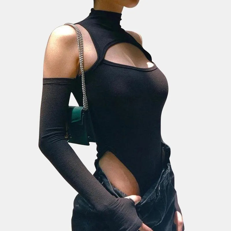 Gothic Punk Shoulder Hollow Out Bodysuit Top
