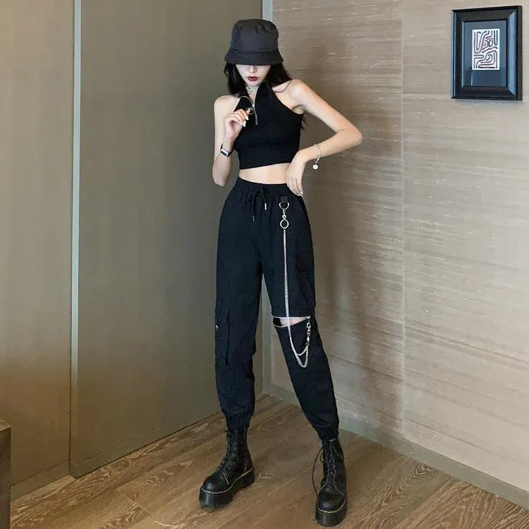 Chained Zipper Cargo Pants