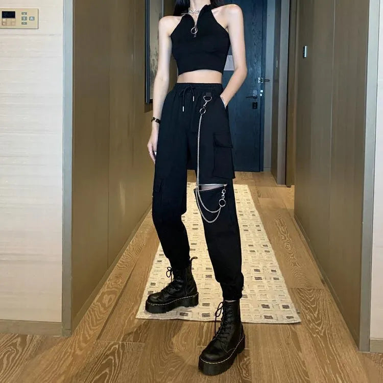 Chained Zipper Cargo Pants