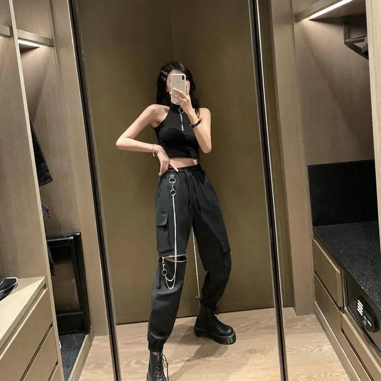 Chained Zipper Cargo Pants