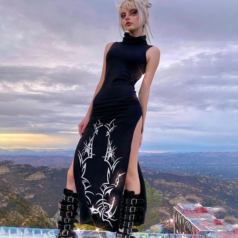 Gothic Diablo High Neck Long Dress