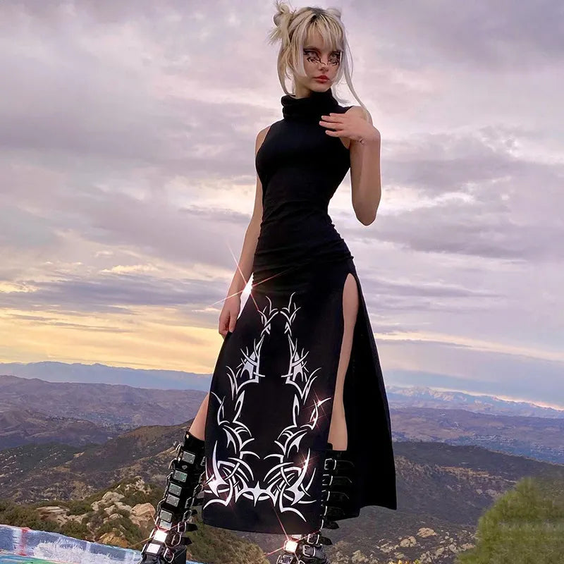 Gothic Diablo High Neck Long Dress