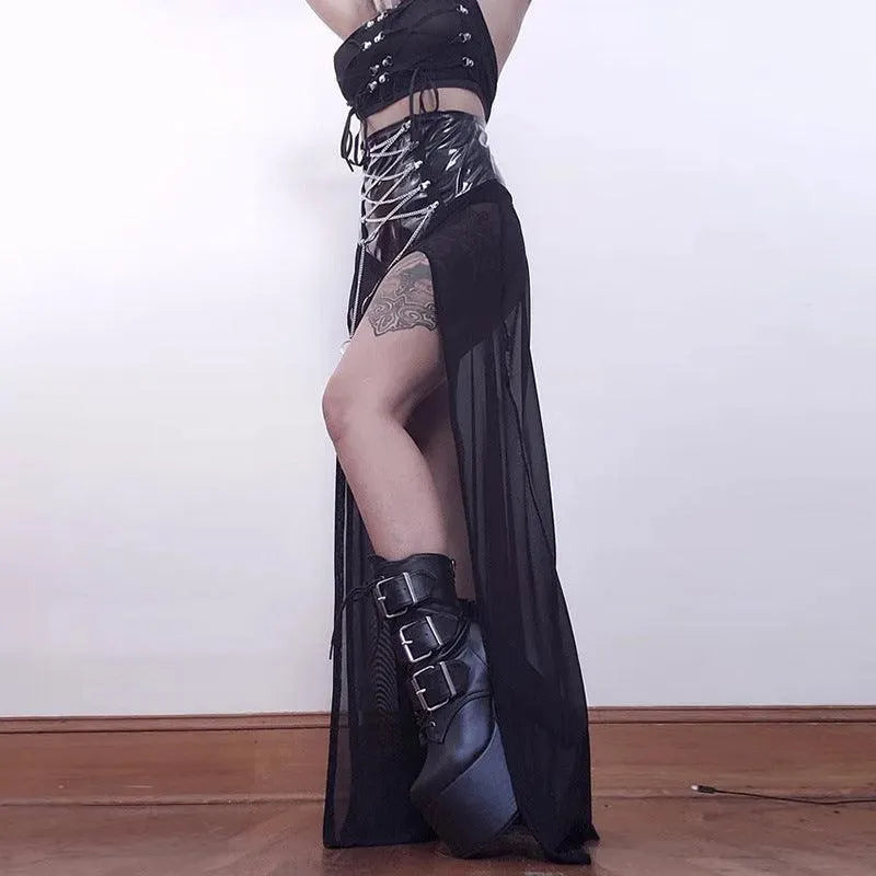 PU Waist High Split Lace Up Crystal Mesh Skirt